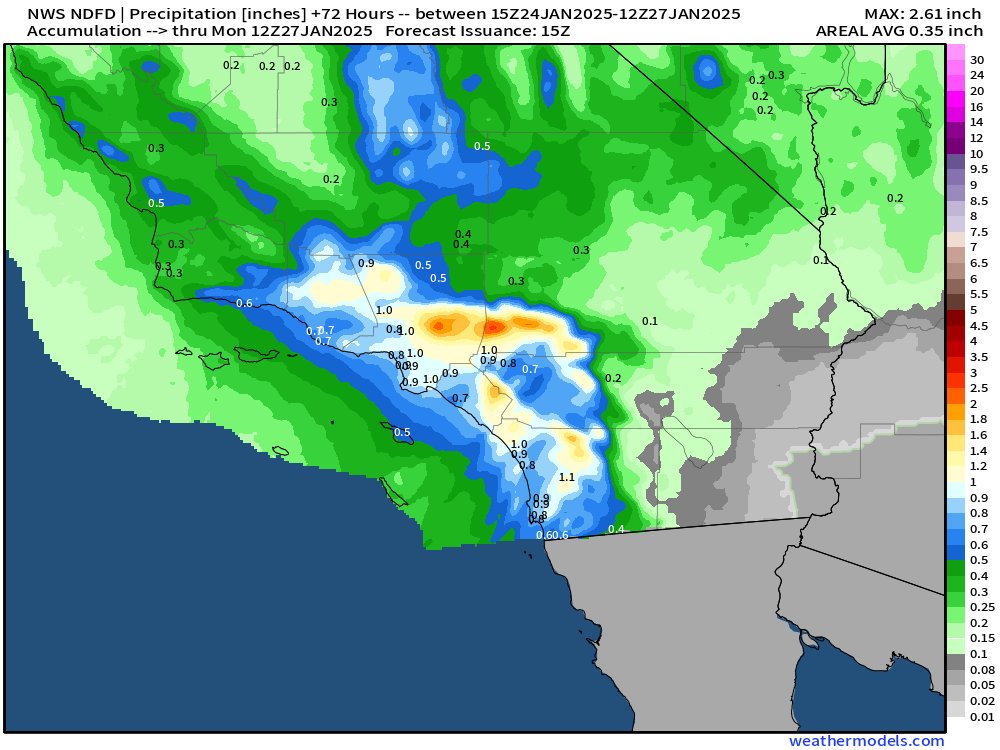 RyanWeather's tweet photo. Happy to report that widespread rainfall is coming to South California over the next few days.

At least 1-inch for areas affected by ongoing fires but locally up to 3-inches.  

The precipitation will run-off quickly, but the landscape will get a good soaking. https://t.co/WGTYfBBbAL