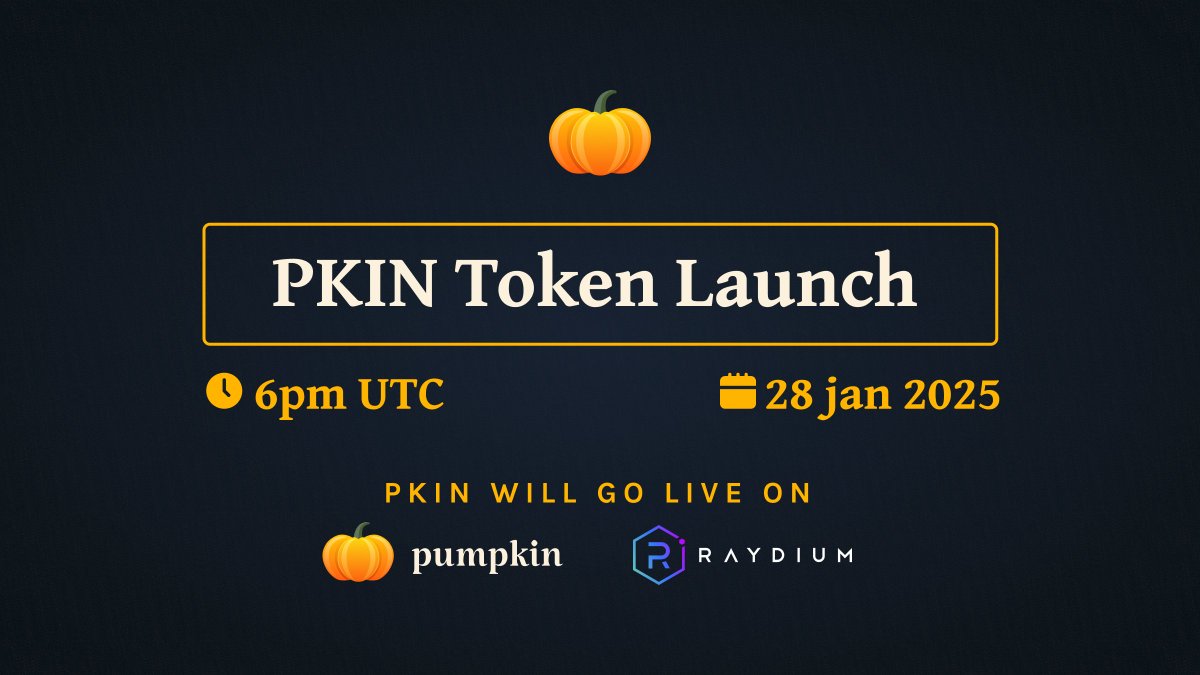 The $PKIN token launches on 28 Jan at 6 PM UTC.

✅ Fair &amp; stealth launch via Pumpkin Platform and @RaydiumProtocol.

❌ No insider allocations, VCs, or backdoor deals—ensuring full transparency and fairness.

🚨 Contract address shared here at launch.

📊 Tokenomics below ⬇️