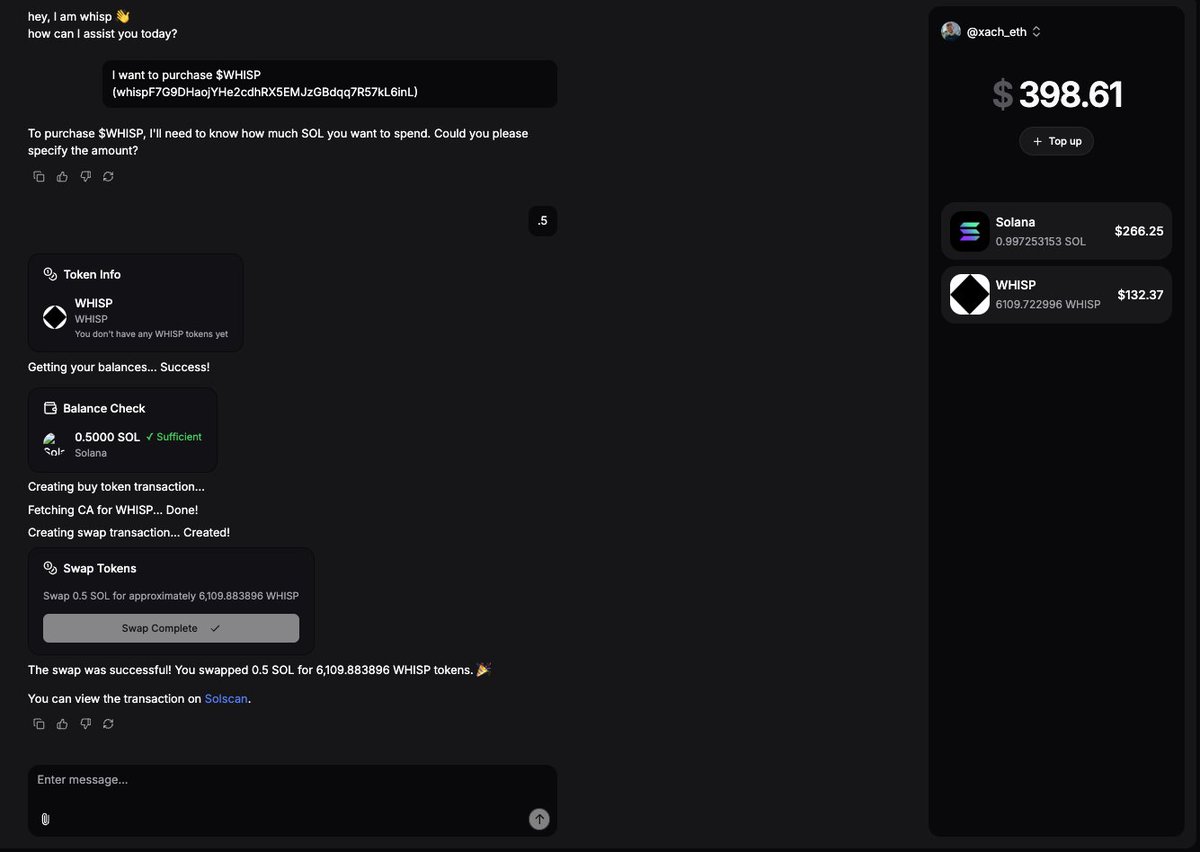 This. Is. So. Cool.🫢

I just created a wallet with my X account on <a href="/whispersai/">whispers</a>, loaded my account us with SOL, and bought some $WHISP

All in ~60 seconds. Insanely easy &amp; fast

You can even send crypto to an X account that doesn't yet have an address. It'll be there waiting when