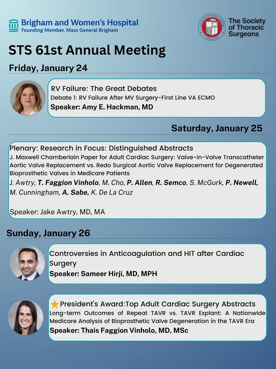 BrighamCardiac's tweet image. 🌟#STS2025 is packed with exciting talks from our amazing #CardiacSurgery faculty and residents! Don’t miss the highlight of the event—the President's Award presentation by @TFaggionVinholo, MD👏 We can’t wait to see you there ❤️