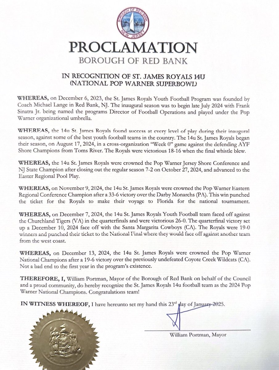 Thank you Red Bank Mayor and Town Council for recognizing our <a href="/Pop_Warner/">Official Pop Warner</a> 14u National Champions. It was the perfect ending to our inaugural campaign. 
<a href="/CoachLangeRBC/">Coach Lange</a> <a href="/CipotJohn/">Coach John Cipot</a> <a href="/MattMosquera17/">Matt Mosquera</a> <a href="/syan_rchoer/">Schoer, Ryan</a> @ambrosedr21 <a href="/FrankieW_4/">Frankie Williams</a> <a href="/JohnnyW_2/">Johnny Williams</a> <a href="/sinatraf55/">Frankie Sinatra</a> <a href="/RBC_FTBALL/">RBC FOOTBALL</a> 
#culturewins