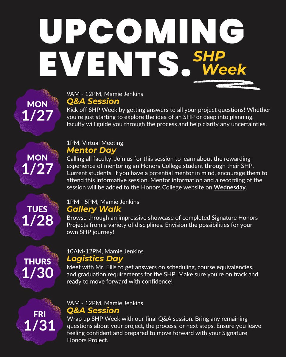 Haven't started your SHP? Wanting to plan for future semesters? Join us next week for SHP week! 

From Q&amp;A sessions and logistics to a gallery walk of current student projects, you can enter February confident in the next steps!