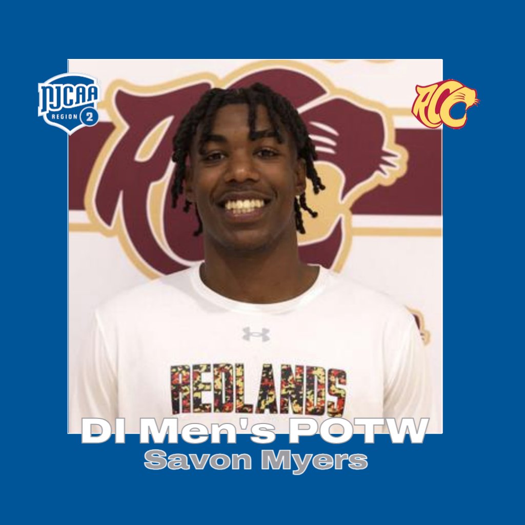 Congratulations to <a href="/RCCcougars/">Redlands Cougars Athletics</a>' Savon Myers on being named the #NJCAARegion2 DI Men's Basketball Player of the Week!!