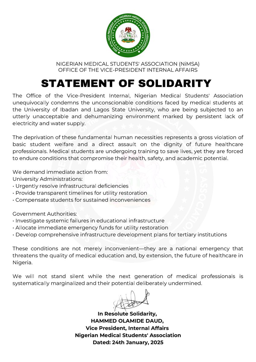 chiefbelly's tweet photo. Medical students deserve a dignified learning environment. The persistent lack of electricity and water at UI @ibadanmedicine and LASU @lasumsa is a threat to education and healthcare in Nigeria. https://t.co/7wd9LX2LcS