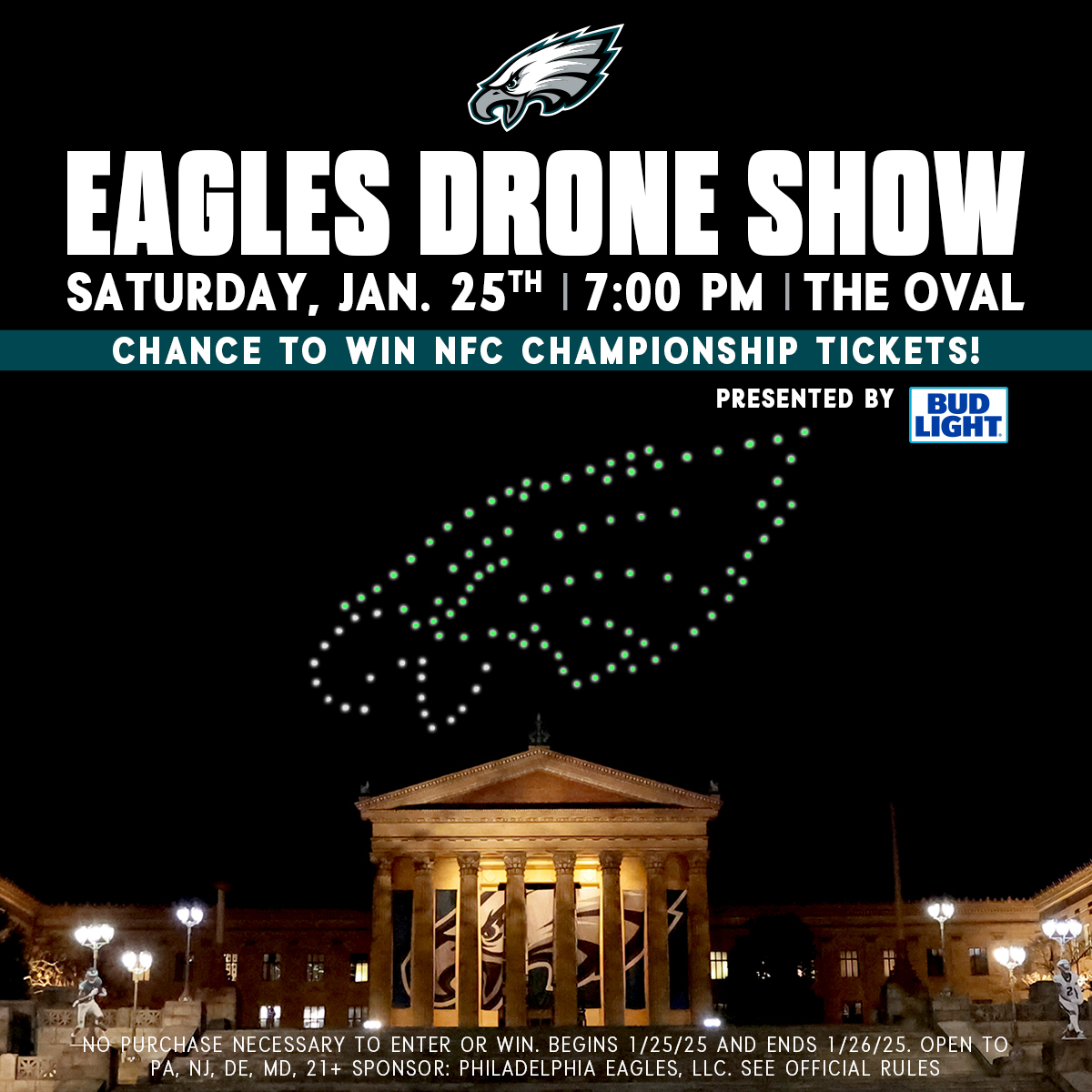 Celebrate the NFC Championship game with a Drone Show above the Philadelphia Museum of Art 👀

See you tomorrow at 7pm!

<a href="/BudLight/">Bud Light</a> | #FlyEaglesFly