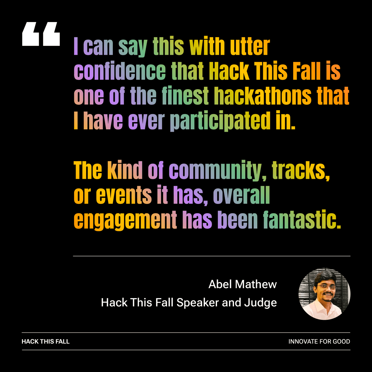 hackthisfall's tweet photo. Community, innovation, and engagement at its finest — Hear what Abel Mathew says about Hack This Fall! 🧡

Don’t miss out on the experience that everyone’s talking about! APPLY NOW 😉

🗓️ 21-23 March 2025
🔗 https://t.co/M5dmRdsBD6

#HackThisFall2025 #HackThisFall #HTFCommunity https://t.co/6DMtgLB86y