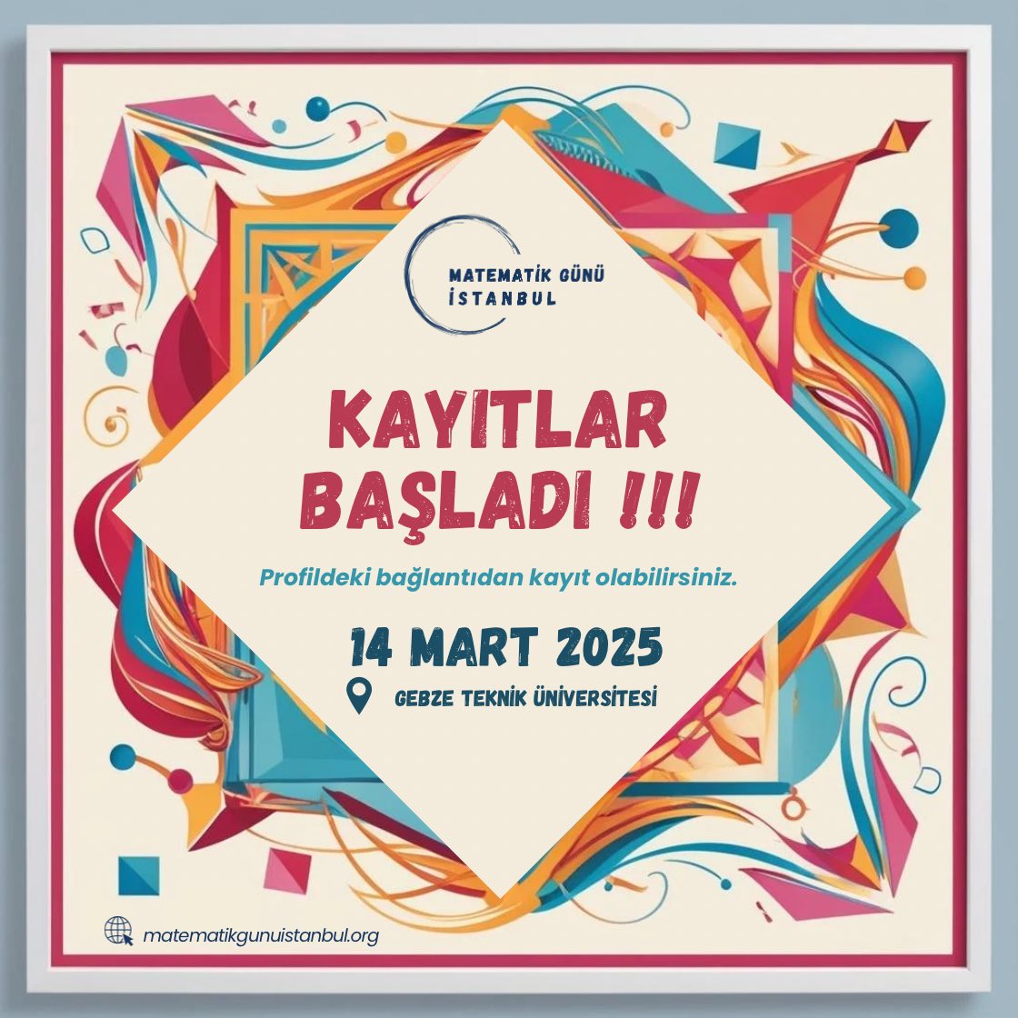 KAYITLARIMIZ BAŞLADI✨

Dünya Matematik Günü’nü birlikte kutlamak için hepinizi davet ediyoruz.

Kayıt formuna profilimizdeki bağlantıdan ulaşabilirsiniz. 

Detaylardan haberdar olmak için bizi takipte kalın!💙
#matematik #matematikgunu #matematikveyaratıcılık #matematikvesanat