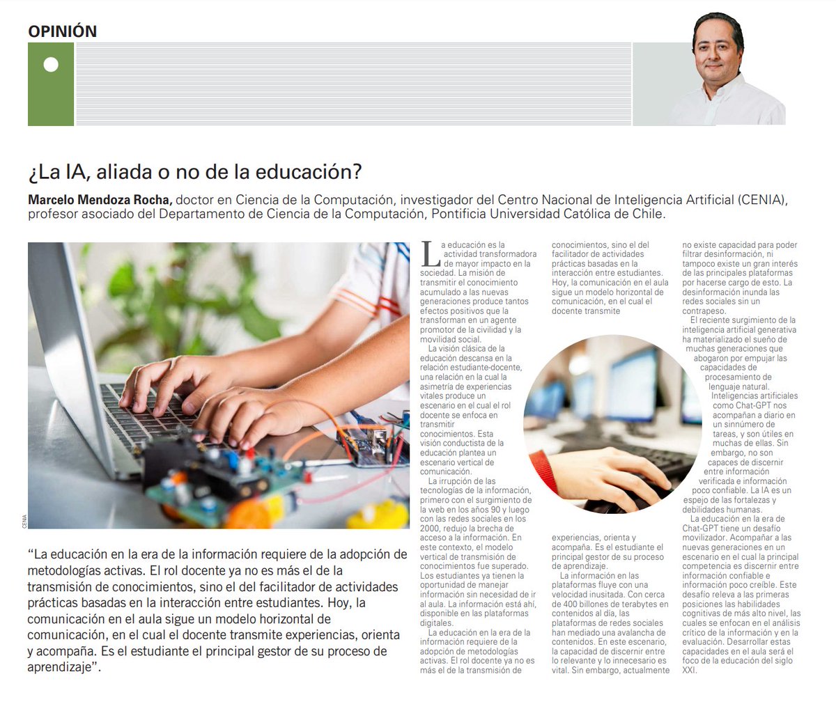 CENIA - Centro Nacional de Inteligencia Artificial (@cen_ia) on Twitter photo ¿La IA, aliada o desafío para la educación? Hoy, en Diario El Mercurio, el investigador <a href="/cen_ia/">CENIA - Centro Nacional de Inteligencia Artificial</a> y profesor del <a href="/dccuc/">DCCUC</a> , Marcelo Mendoza, reflexiona sobre el impacto de la #IA en la enseñanza, destacando el rol del pensamiento crítico en una era de sobreabundancia de información. ¿La IA, aliada o desafío para la educación? Hoy, en Diario El Mercurio, el investigador <a href="/cen_ia/">CENIA - Centro Nacional de Inteligencia Artificial</a> y profesor del <a href="/dccuc/">DCCUC</a> , Marcelo Mendoza, reflexiona sobre el impacto de la #IA en la enseñanza, destacando el rol del pensamiento crítico en una era de sobreabundancia de información.