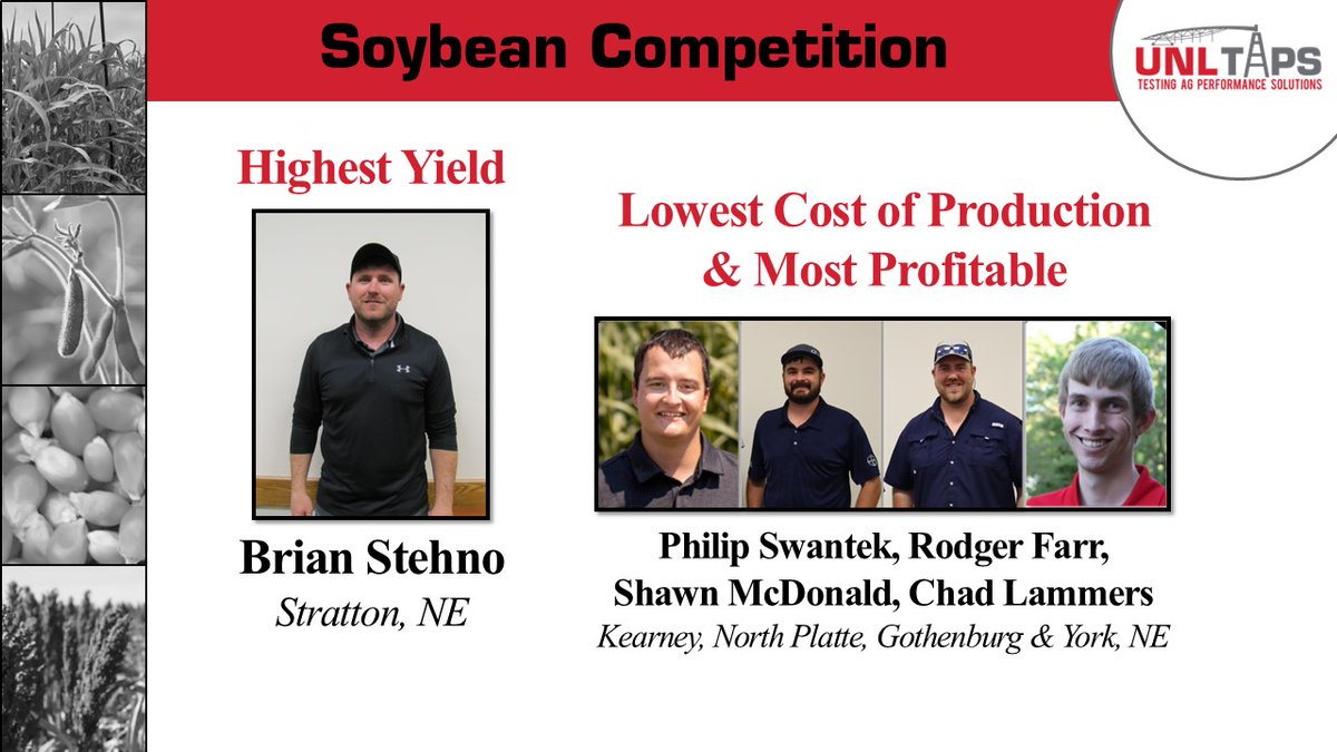 🌱Announcing the Winners of the UNL-TAPS Soybean Competition!🌱

🎉Greatest Yield: Brian Stehno
💰Lowest Cost &amp; Most Profitable: Philip Swantek, Rodger Farr, Shawn McDonald, Chad Lammers

Congrats on these outstanding achievements in the 1st ever TAPS Soybean Competition!