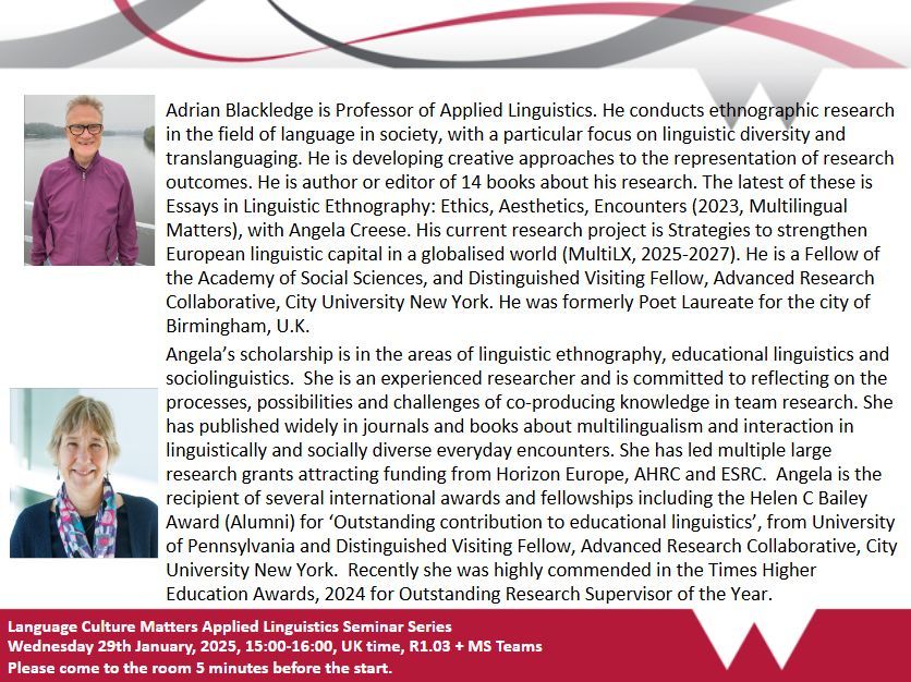 WarwickCTE's tweet photo. 📣 Join the Language. Culture. Matters. seminar on the 29 Jan from 3-4pm where Angela Creese and Adrian Blackledge will present 'Strategies to Strengthen European Linguistic Capital in a Globalised World' 🌎 Join in-person in R1.03 or online via MS Teams:

https://t.co/HeSIaRh5Tz https://t.co/yOR3tPcjoN