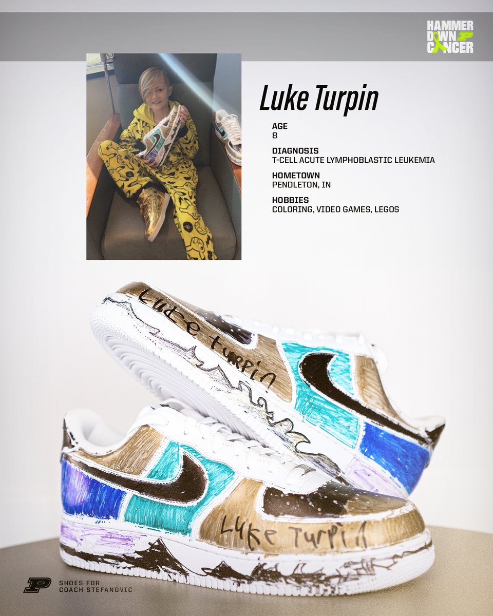 BoilerBall's tweet photo. For tonight's Hammer Down Cancer game vs. Michigan and next week's @CoachesvsCancer contest vs. Indiana, our six coaches will wear @nikebasketball Air Force 1's designed by children at @RileyKids.

The shoes are available for auction with all proceeds going to @RileyKids.

🖍️ Shoes designed by Luke, Lana and Jordan for coaches Stefanovic, Johnson and Brantley

🔗: https://t.co/FityjOU4k5