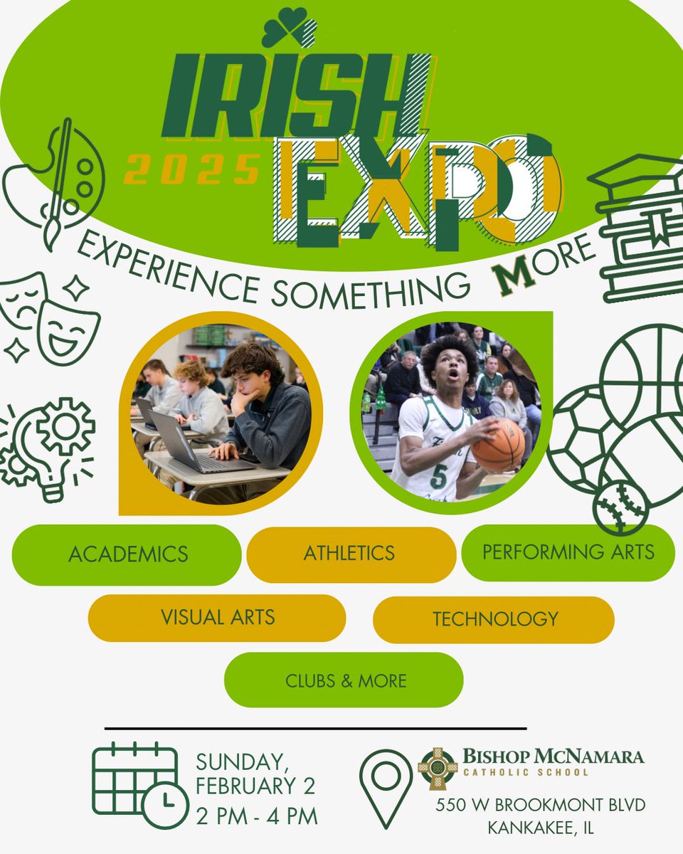 🍀Irish Expo🍀
Experience Something More

Come see all that BMCS has to offer - from strong academics to competitive athletics to fine arts, clubs &amp; more! 

📅 February 2
⏰ 2-4pm
📍 Kankakee Site

#whynotmcnamara🍀