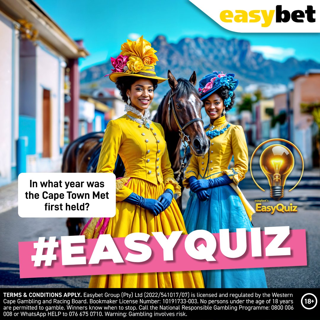 Easybet_SA's tweet image. 🎩✨ Step into the history of elegance and racing! 💡

In what year was the Cape Town Met first held? Drop your answer in the comments and stand a chance to win BIG! 🎁

👉 Follow us and keep the fun going!

Dive into the Met action: bit.ly/eb-met 🔗

#EasyQuiz #Easybet…