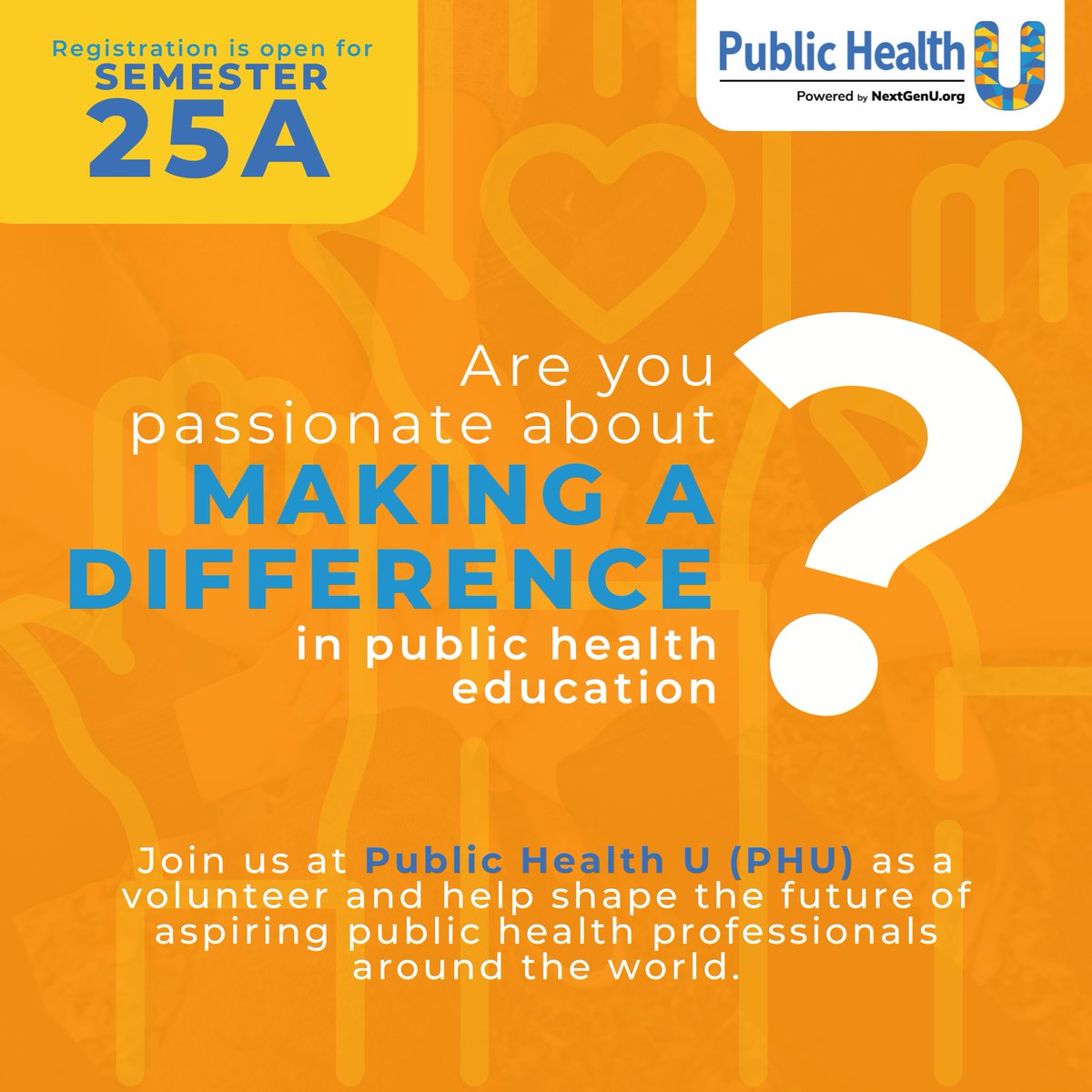 Public_Health_U's tweet photo. 🌍 Calling all public health changemakers! Volunteer with PHU for Semester 25A and empower students in 59+ countries.

📚 Flexible roles | 🌟 Big impact | 🕒 Manageable time commitments

Register: https://t.co/CBcIJr492p https://t.co/McPEOdpHGp
