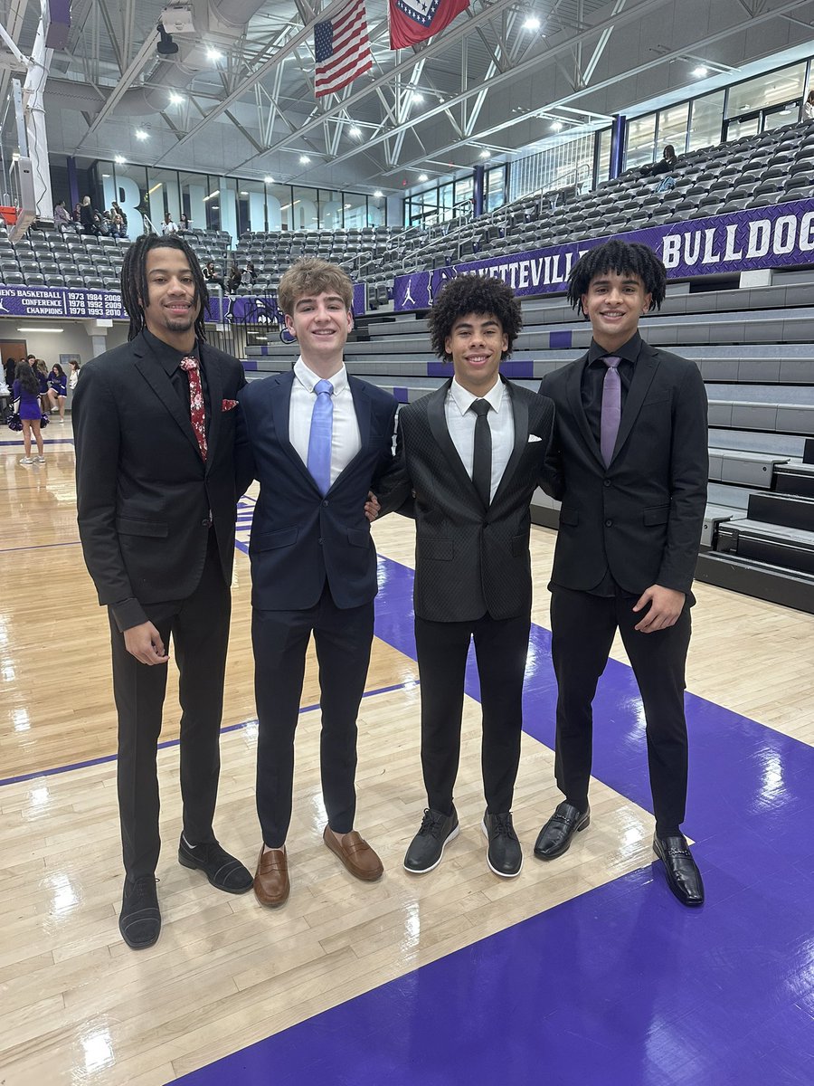 FayBulldogsBB's tweet photo. Speaking of Color’s Day, check out our quartet of senior escorts at last Friday’s pep rally!!

Looking fresh fellas!! 👔🤵‍♂️
@xray_brown 
@jaxsonjorg 
@o_will10 
@TheDanteAdams 

#PurpleDNA 💜🐶 https://t.co/gdVnpjo62I