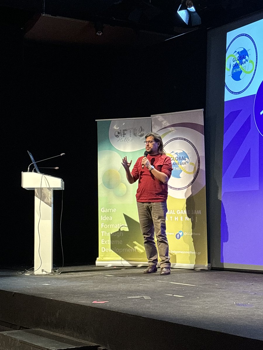 Our Games Programming Coordinator <a href="/GTsatiris/">Georgios Tsatiris</a> gracing the stage of <a href="/globalgamejam/">GlobalGameJam</a> Athens.