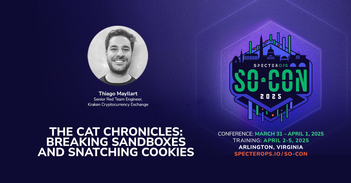 SpecterOps's tweet photo. Don't miss @ThiagoMayllart's talk at #SOCON2025! Register today so you can join his talk delving into several practical attack techniques that can be used to improve your Red Team simulations.

Check out more talks &amp; register ➡️ https://t.co/LmM2H1ZME7 https://t.co/I6Dpe1PfjV