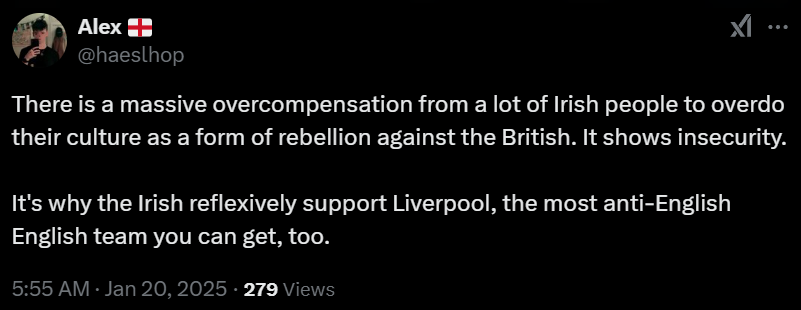 SeanEnitFam's tweet photo. @haeslhop @MabonMedrod I like how your copy and pasted "the Irish are obsessed with Britain and have a perpetual victim complex" meme actually just amounts to "why they no support my favourite footy team" l m a o https://t.co/XHjbCPuLAM