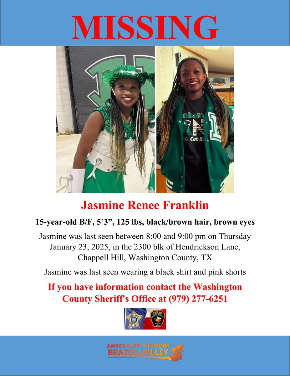AANBVTX's tweet photo. #MissingChild #WashCo 15 year old Jasmine Franklin has been reported missing to the Washington County Sheriff's Office. She was last seen on Thursday January 23, 2025 in the 2300 blk of Hendrickson Lane, Chappell Hill, TX. Let's bring her home! https://t.co/qM5zkziMfQ