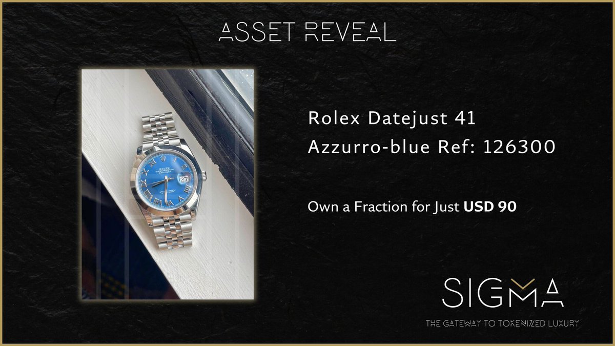 ✨ ASSET REVEAL✨ 

📜 Details: 
- Brand: Rolex
- Model: Datejust 41
- Own a Fraction at only USD 90

4 more days📅 : Join us on Telegram (link in the pinned post

#Fractionalization #RWA