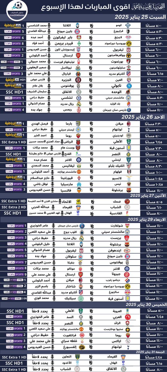 أبرز مباريات الأسبوع 🔥🔥
مع إضافة القنوات الناقلة و المعلقين …
