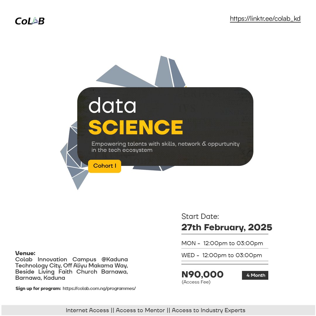 CoLab_kd's tweet photo. We are excited to announce CoLab's 14th Data Science Cohort! As part of our talent pipeline, this cohort is perfect for beginners in data science. Learn, grow, and build a strong foundation in data-driven insights. Don’t miss out!
#DataScienceCohort #CoLabInnovation https://t.co/LDcmL8ODTT