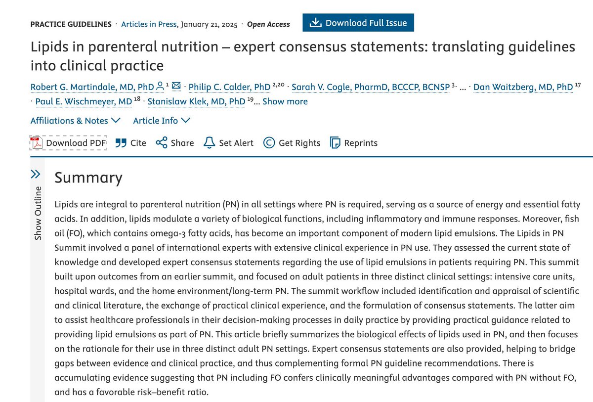 Paul Wischmeyer MD (@paul_wischmeyer) on Twitter photo NEW TPN Lipids Guidelines- Out today in <a href="/TCN_online/">Clinical Nutrition</a>
🔗PDF Paper Download: clinicalnutritionopenscience.com/action/showPdf…
Feel free to reach out to me by email if you want full paper
#TPN #icunutrition #dietitian #nutritionmatters NEW TPN Lipids Guidelines- Out today in <a href="/TCN_online/">Clinical Nutrition</a>
🔗PDF Paper Download: clinicalnutritionopenscience.com/action/showPdf…
Feel free to reach out to me by email if you want full paper
#TPN #icunutrition #dietitian #nutritionmatters