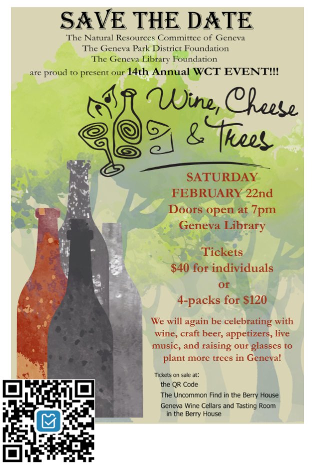 Enjoy a night out with fine wine, live music, appetizers, and a live auction all for a good cause ... more 🌳🌳🌳 in #GenevaIL. Tickets are on sale for the Wine, Cheese &amp; Trees fundraiser: tiny.cc/WCT