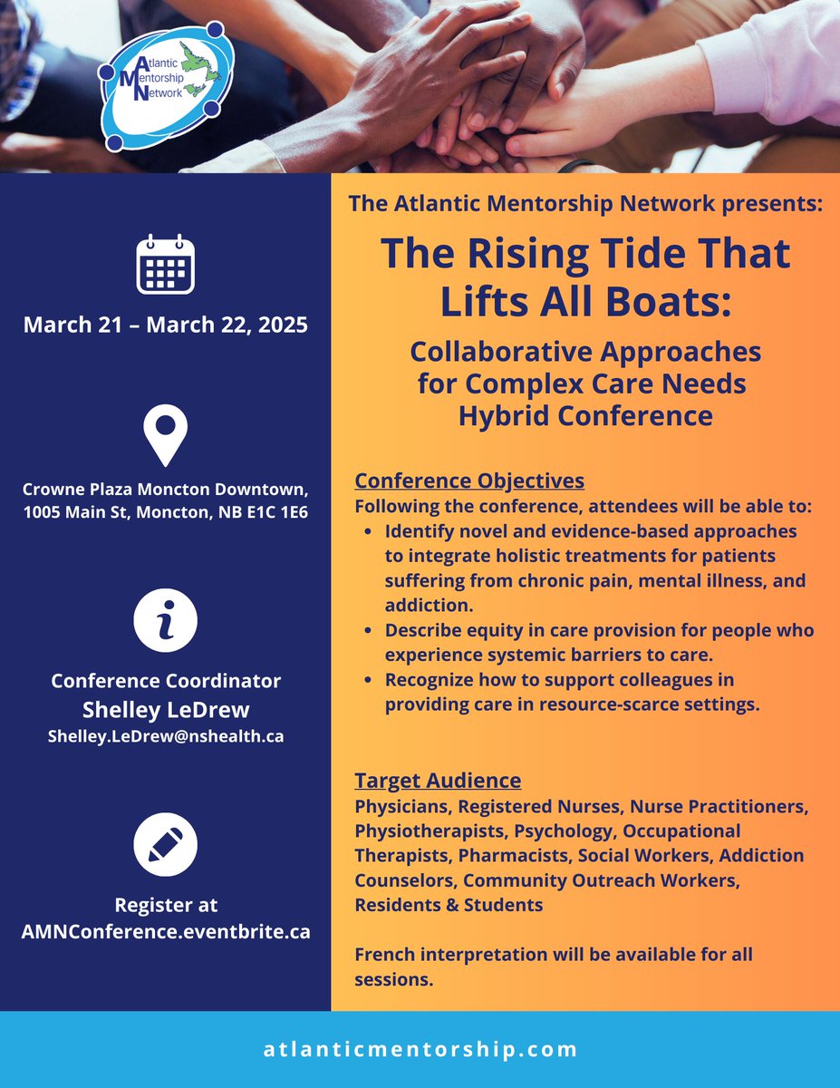 The four chapters of the Atlantic Mentorship Network - AMN-P&amp;A(NS), AMN-NB, AMN-NL, and AMN-PEI are coming together to host the hybrid conference on March 21-22, 2025. egister at amnconference.eventbrite.ca