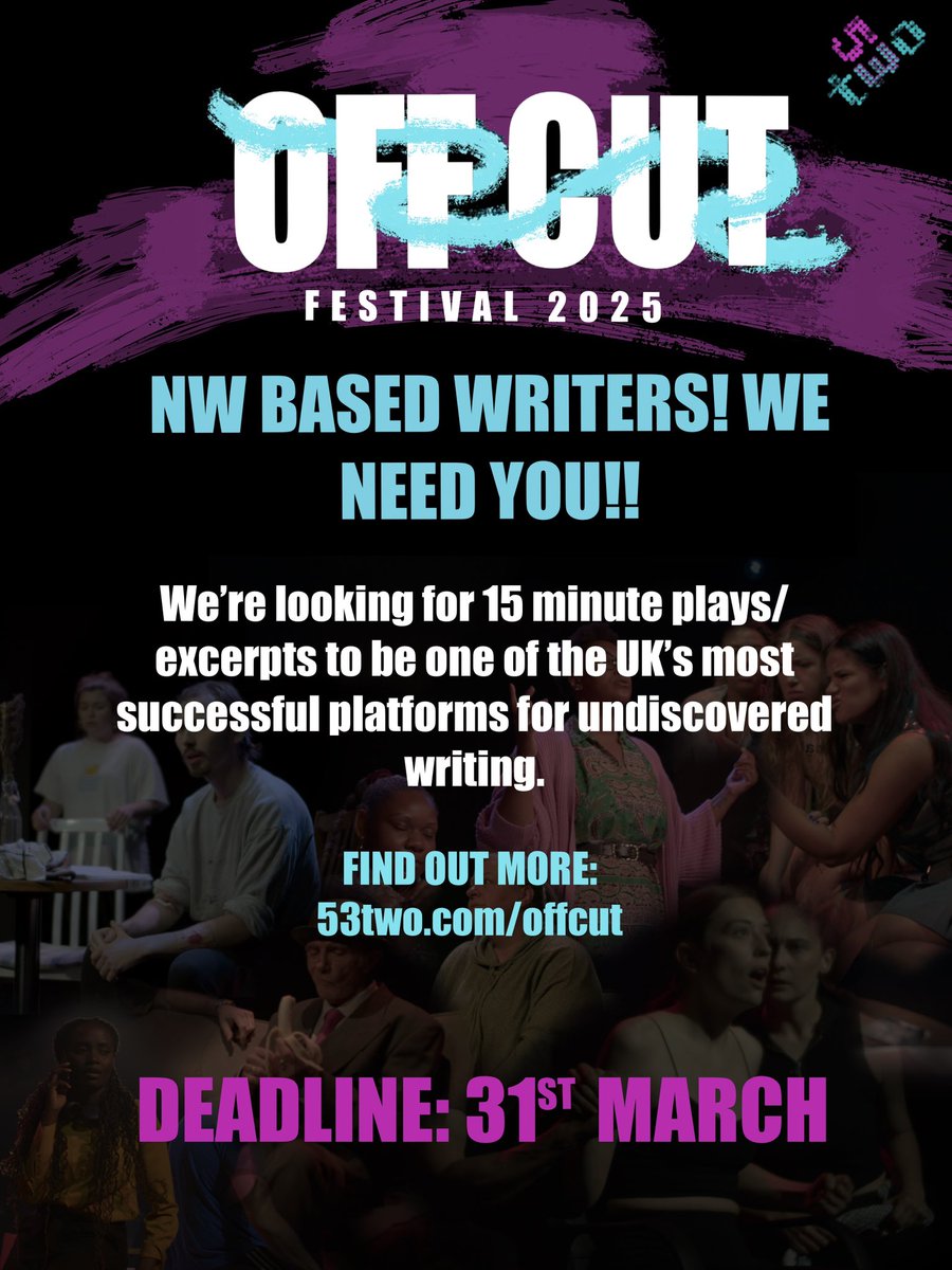It’s back! <a href="/offcutMCR/">offcutMCR</a> needs your #writing! 

Want to get involved in the best Indie #NewWriting platform in #Manchester? Follow the link &amp; find out more! 💙💜 

▶️ 53two.com/offcut

#Mcr #Theatre #Festival