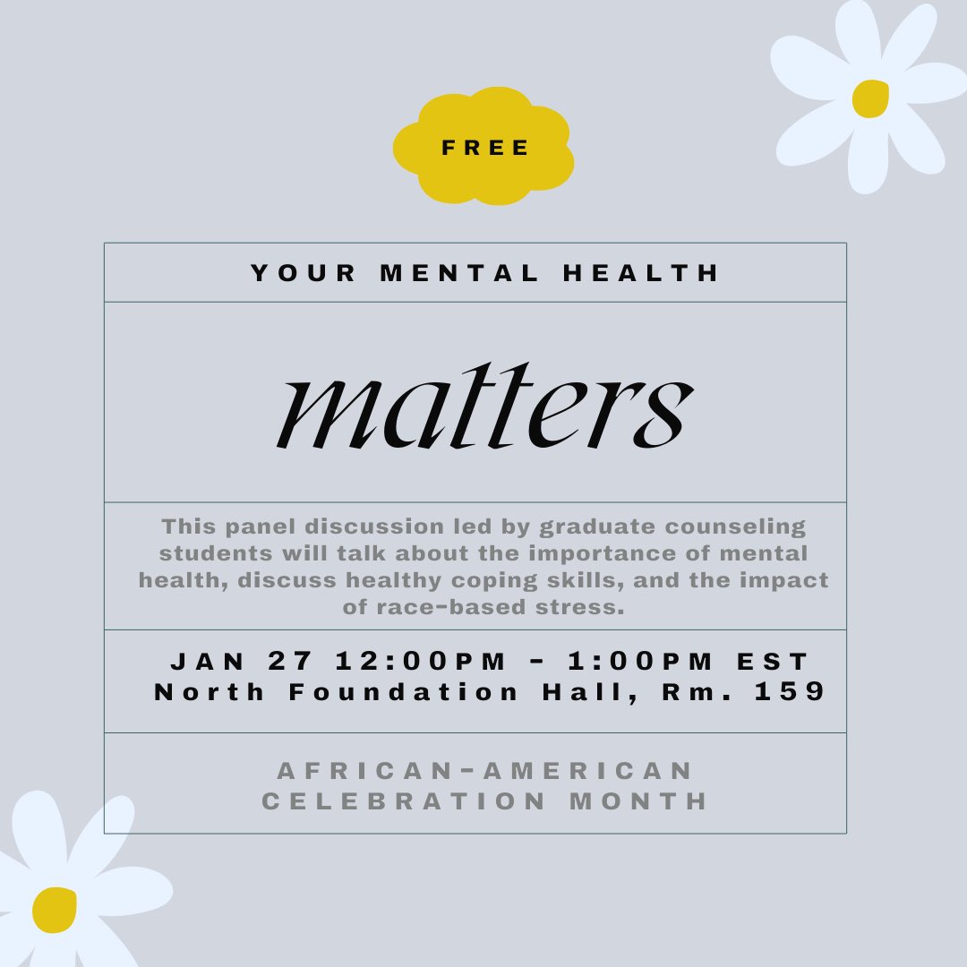 OU is hosting various events in preparation for Black History Month. Open to all students, this discussion panel focuses on student mental health and healthy coping skills. 

#writing #oaklanduniversity #rhetoric #events