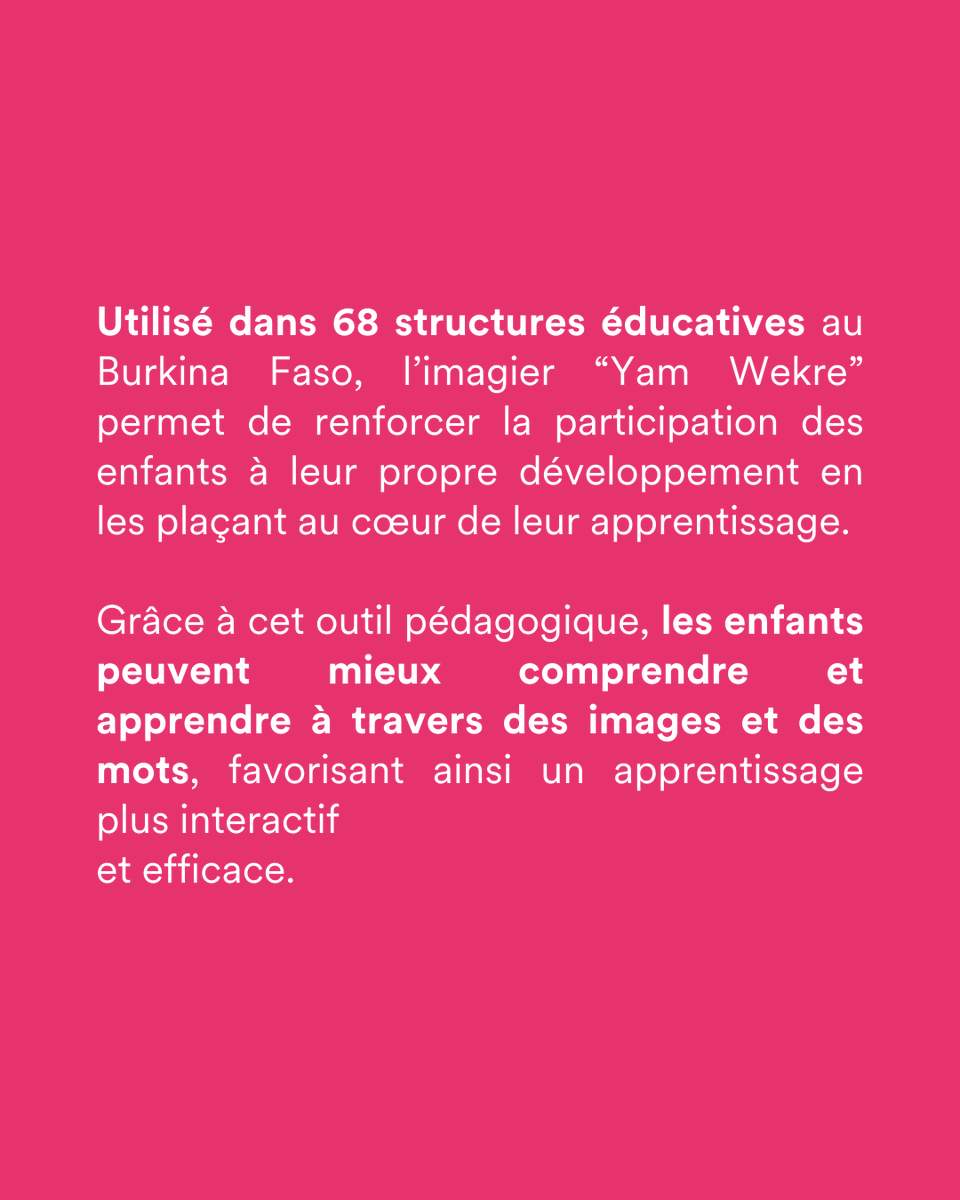 Yam Wekre, un imagier d'Asmae, améliore la lecture et le langage des enfants au Burkina Faso et en Côte d’Ivoire.

🎒 68 structures éducatives formées et équipées pour un apprentissage interactif et au cœur du développement des enfants.