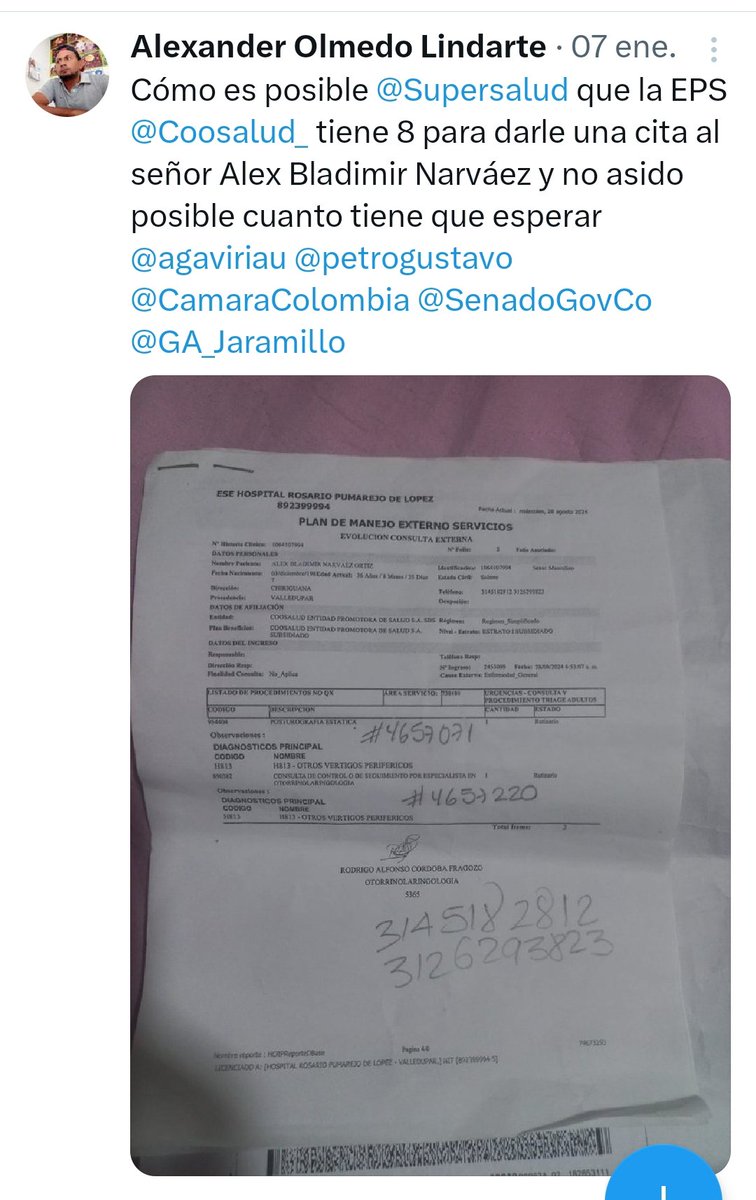 olmedinho's tweet photo. Cómo es posible @Supersalud que la EPS @Coosalud_  no le solucionan nada al señor Alex Bladimir Narváez que vergüenza @petrogustavo @GA_Jaramillo @CamaraColombia @SenadoGovCo @CaracolTV @NoticiasRCN https://t.co/WWajzN1bcD