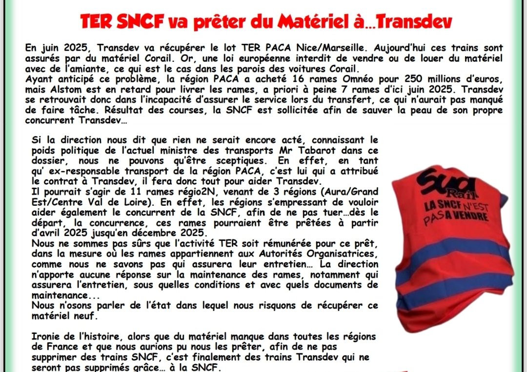 VilledieuFabien's tweet image. 📍la #SNCF obligé de se séparer de son matériel au profit de son concurrent #Transdev. 
Dans quel endroit on voit cela!!!
 l entreprise publique obligée de sauver les fesses du privé...