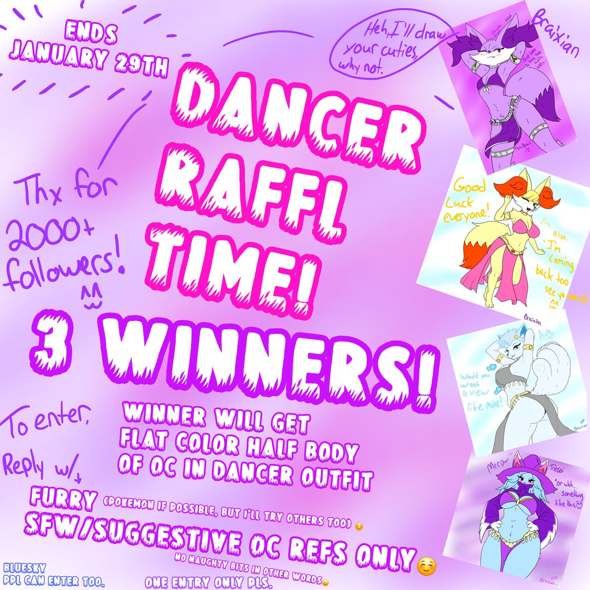 **Dancer Raffl Time!**(ends Jan.29th)
To enter, reply with ur SFW/Suggestive OC ref/pic (Furry only, pokemon preferably)
You can retweet and follow if u want, your choice. 😊

Just in case u can't read my mess🤭heheh
Three winners! Winner will get halfbody flat color of their OC