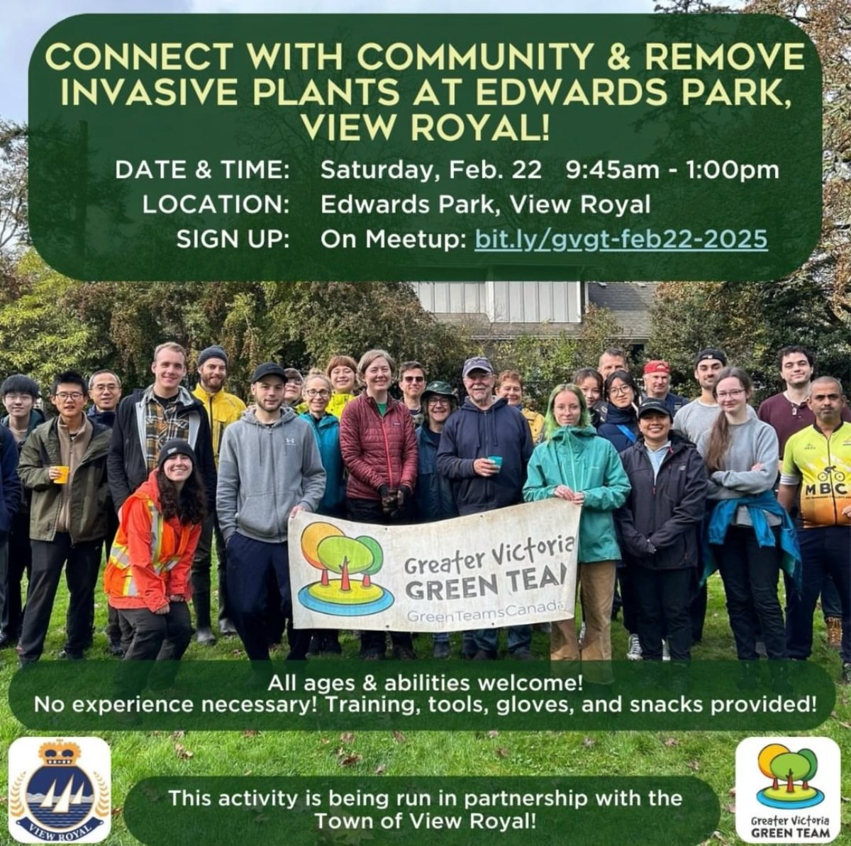 Join us in Edward’s Park in View Royal on Saturday Feb. 22 for a fun invasive plant removal activity! Everyone is welcome! It’s a great way to make friends &amp; explore a beautiful park while improving the health of the environment! 
Details &amp; sign up: bit.ly/gvgt-feb22-2025