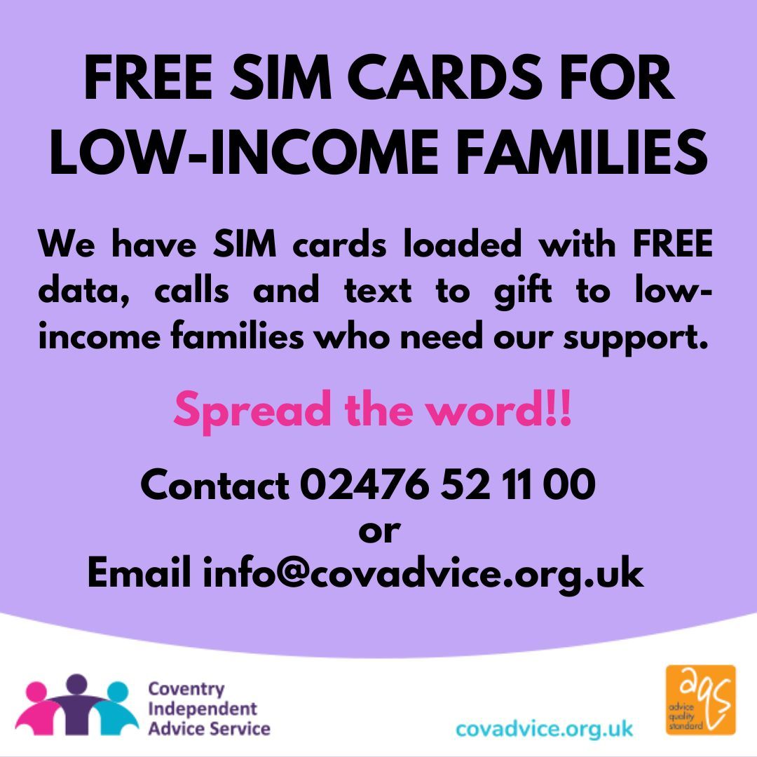 We are offering free SIM cards, loaded with data, calls and texts, to give away to anyone who is digitally excluded. Spread the word and help us bridge the digital divide #covconnects #digitaldivide