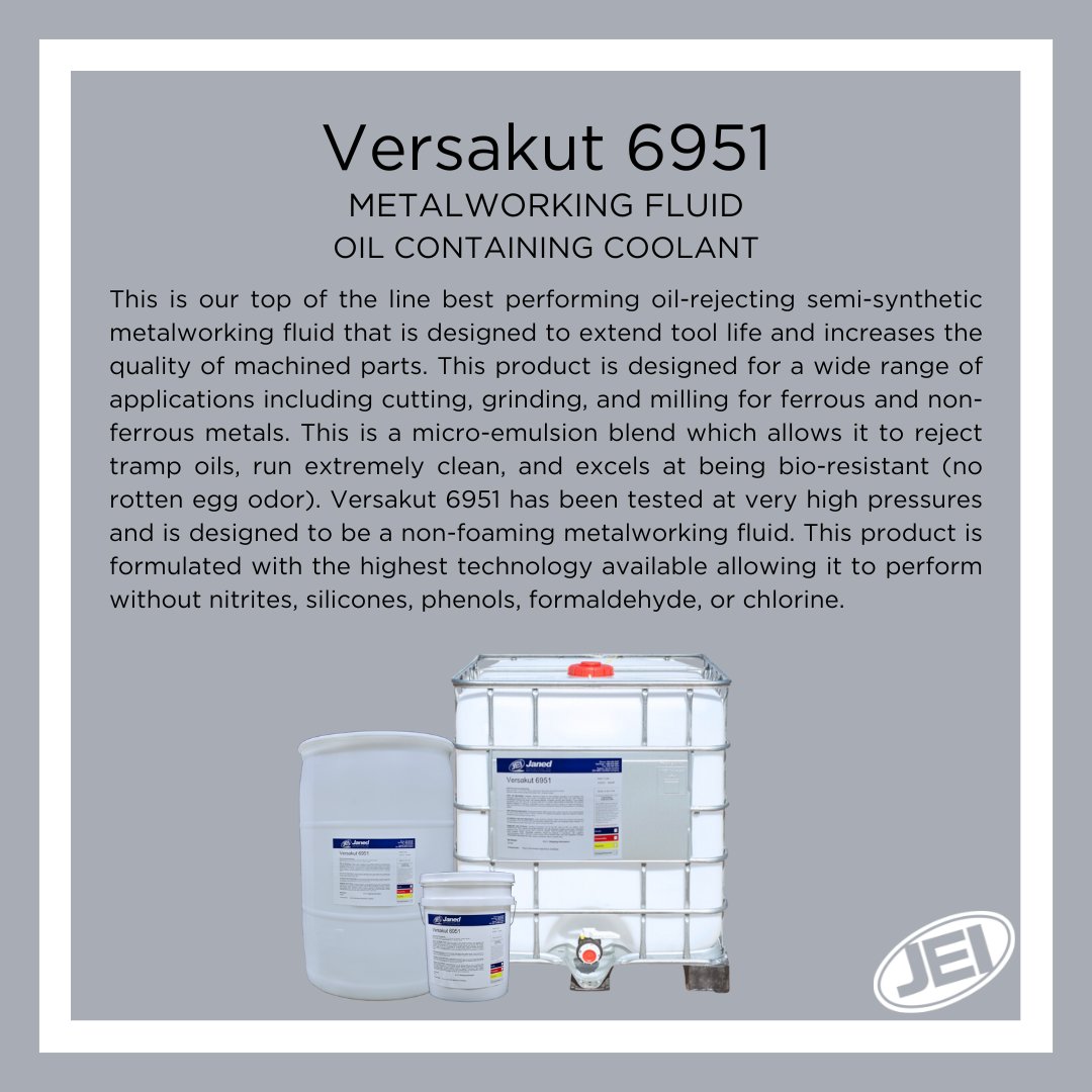 Our next product spotlight is Versakut 6951. This is a non-chlorinated product that is formulated with extreme pressure additives. It rejects tramp oils to the surface of the fluid for easy skimming.