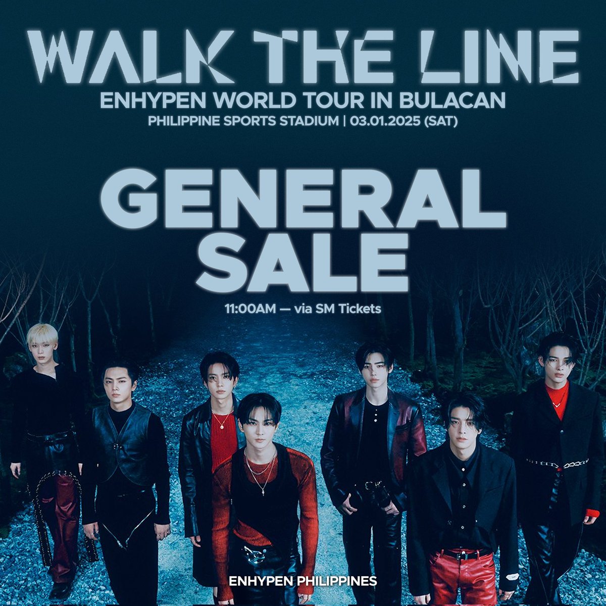 enhypen_phi's tweet photo. GENERAL TICKET SELLING 💙🎫

Today is the 2nd wave of ticketing for 'WALK THE LINE' in BULACAN! Let your alarms at 11:00AM and head to @smtickets! 💙

Price ranges from ₱5,500 to ₱18,500 (Ticketing charges may apply). The ticket selling is OPEN TO PUBLIC, no codes needed, May you secure your desired tiers and witness ENHYPEN's world-class performance! 🏟

Always double check every details from your mode of payments  to your SM Ticket Account and e-mails! Wishing everyone good luck and see you all soon in Bulacan! 🍀

#ENHYPEN #EN_WORLDTOUR_WALKTHELINE #WALKTHELINE_IN_BULACAN @ENHYPEN_members @ENHYPEN @applewood_ph