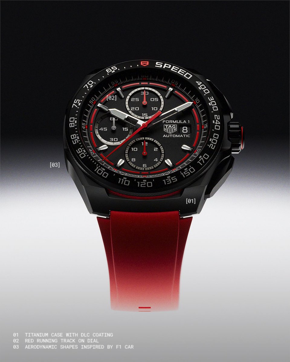 TAGHeuer's tweet image. The new #TAGHeuerFormula1 Chronograph adapts seamlessly to any adrenaline-filled situation. Crafted in lightweight titanium, with an optimized lug-to-lug distance and dynamic rubber strap, these 44mm timepieces blend performance with unparalleled comfort. tag.hr/F1Red
