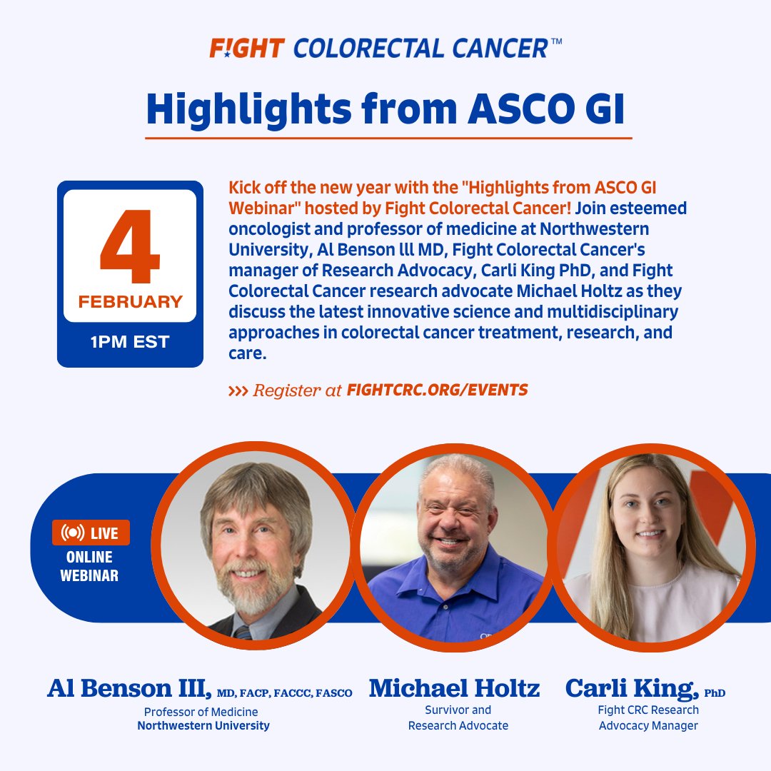 FightCRC's tweet photo. 📅Mark your calendars! On Feb. 4 at 1 PM EST, Fight CRC’s "Highlights from @ASCO GI Webinar" brings you the latest in #ColorectalCancer research & care. Hear from Dr. Al Benson, Dr. @Carli__King, & research advocate Michael Holtz. #GI25 #GIASCO

Register now: https://t.co/wFPgURzH7c