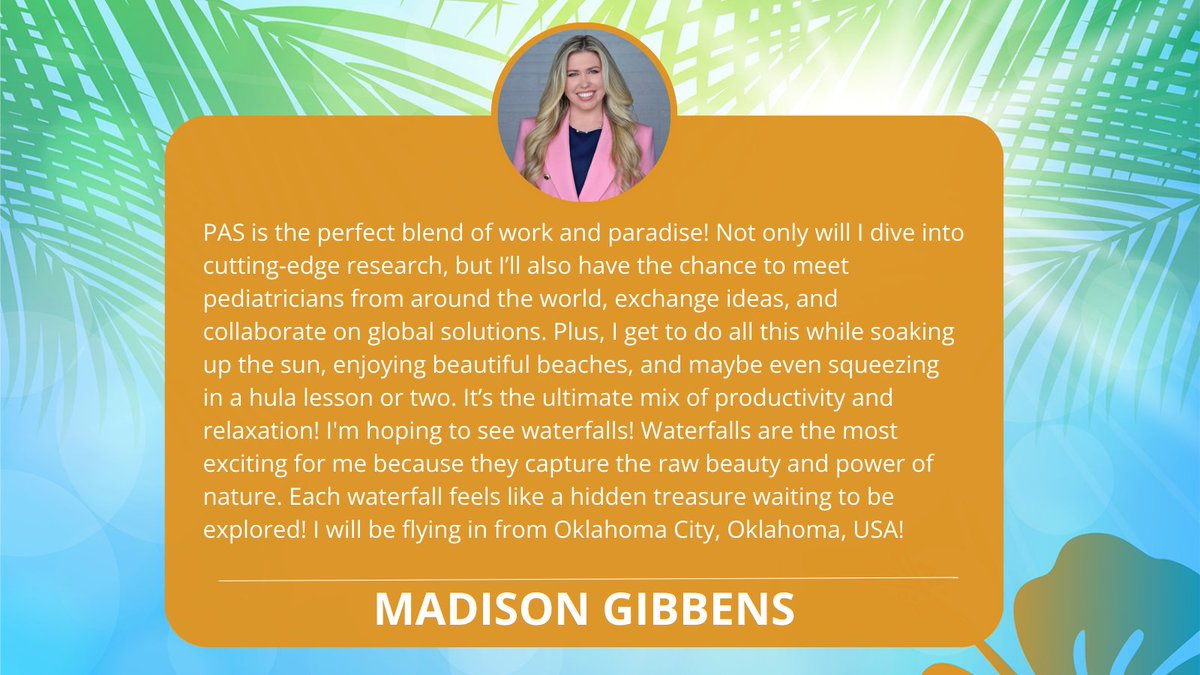 PASMeeting's tweet photo. 🎤 Meet Madison Gibbens , our inspiring Social Media Ambassador for #PAS2025! 🌺She’s sharing all the reasons she’s excited to join us in Honolulu! @OuPeds https://t.co/mePQEk8n7J
