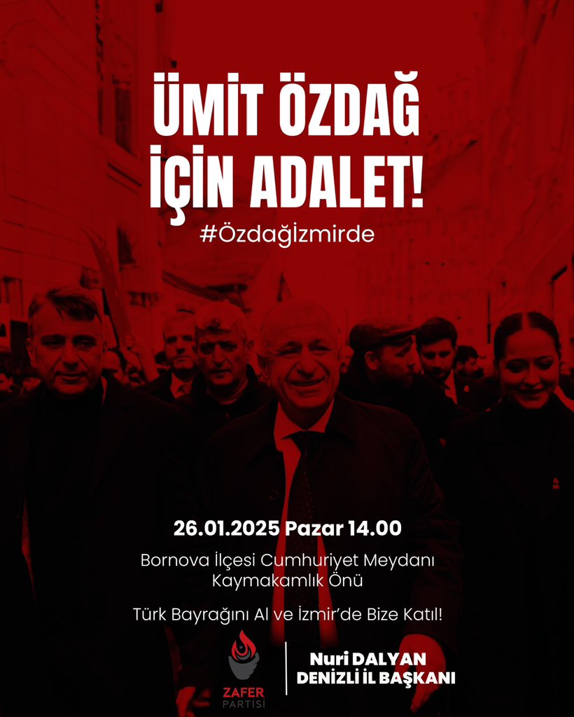 dalyan_nuri's tweet photo. 26 Ocak günü İzmir’de gerçekleştirilecek büyük mitingimizde istibdada karşı hürriyetin sesi bir kez daha yükselecek!

Sen de “Mehmetçik Katillerine Af Yok!” diyorsan, sen de “Ümit Özdağ’a Özgürlük!” diyorsan, 26 Ocak Günü saat 14.00’te Türk bayrağını al ve Bornova Cumhuriyet Meydanı’na gel!

#Özdağİzmirde
#ÜmitÖzdağYalnızDeğildir
#ÜmitÖzdağaÖzgürlük 
#KahramanÖzdağ

@umitozdag @zaferpartisi @zaferpartisi20 #denizli
