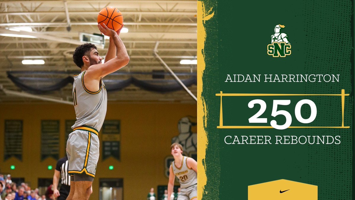 SNCMensBB's tweet photo. Senior Aidan Harrington collected his 250th career rebound recently 
#gogreenknights 
⚔️🟢🟡🏀 https://t.co/JfDr8O13ov