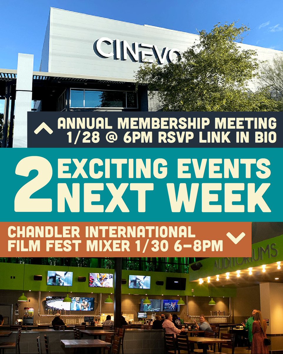 APAonset's tweet image. Mark your calendars for TWO events next week! 🌟

📷 Annual Membership Meeting:  
 Cinevo, 3902 E. Broadway Rd, Phoenix, AZ
Tuesday, 1/28 6pm 

📷 Chandler Film Festival Mixer: 
 Look Dine-in Cinemas, 1 W Chandler Blvd, Chandler, AZ
Thursday, 1/30 6-8pm
Details &amp;amp; RSVP in bio!