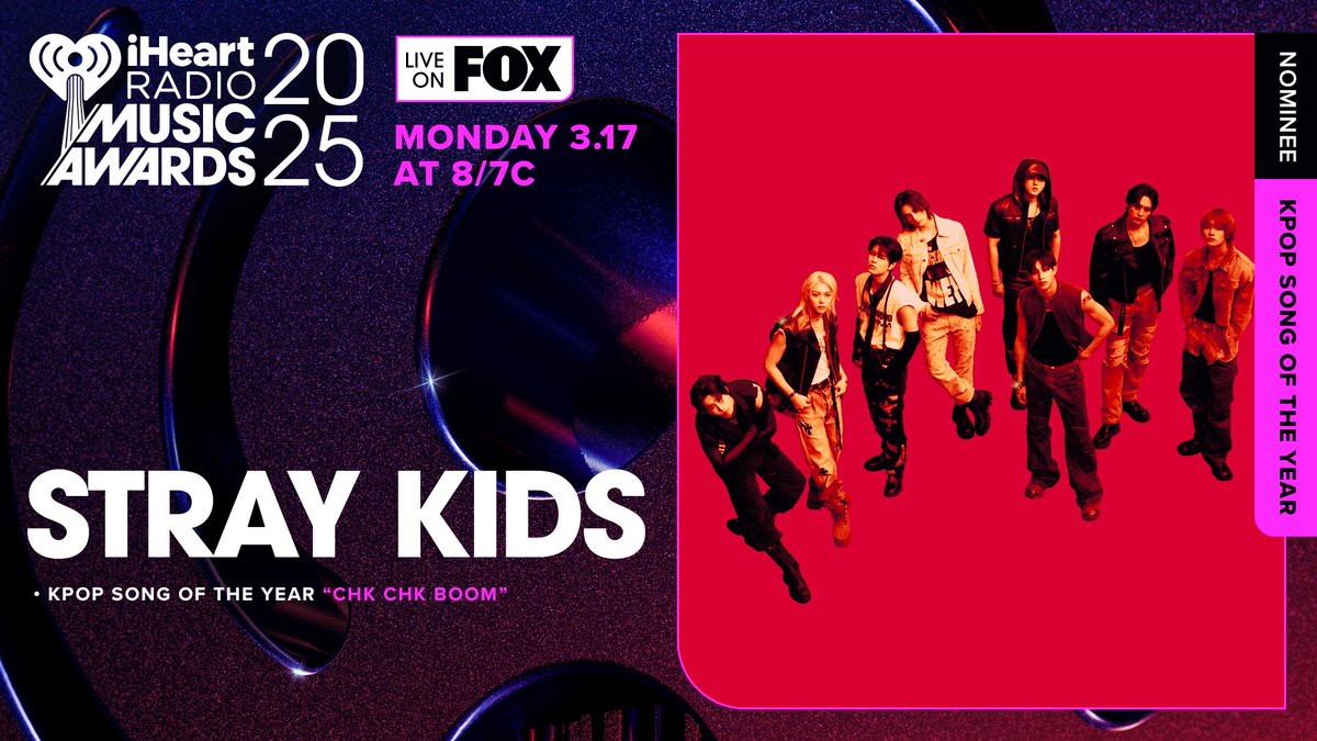📢<a href="/Stray_Kids/">Stray Kids</a> sont nominés pour les iHeart Radio Music Awards ! 

🏆 K-POP Song of the year avec #ChkChkBoom 

#iHeartAwards
#StrayKids #스트레이키즈