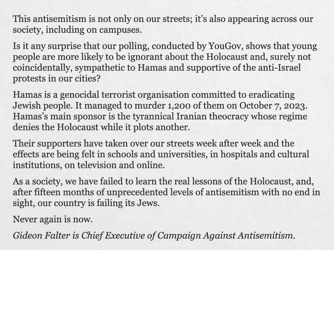 Gideon Falter (@gideonfalter) on Twitter photo This is my piece in the <a href="/Daily_Express/">Daily Express</a> ahead of #HolocaustMemorialDay on Monday.
It was published the day before the calls started coming in inviting us to confirm whether Elon Musk is in fact a Nazi. Where is the same interest and outrage over people marching down our streets This is my piece in the <a href="/Daily_Express/">Daily Express</a> ahead of #HolocaustMemorialDay on Monday.
It was published the day before the calls started coming in inviting us to confirm whether Elon Musk is in fact a Nazi. Where is the same interest and outrage over people marching down our streets