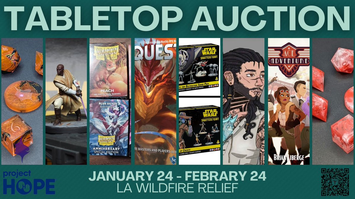 Our <a href="/tiltify/">Tiltify</a> Tabletop Charity Auction supporting <a href="/projecthopeorg/">Project HOPE</a>'s LA Wildfire response is now live! 

There are 14 tabletop packages with items like handmade dice, dragon shield sleeves, minis, and more for you to bid on!

Bid here: tiltify.com/@jesthehuman/a…
