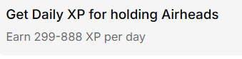 Daily XP for holding Airheads is now LIVE in
<a href="/oylwallet/">Oyl | Building Alkanes</a>! 🎉 
You can rack up between 289-888 XP daily just by holding. This ain't no small thing; it's part of the wild Alkanes ecosystem cooking up on Bitcoin. 📷 #Alkanes