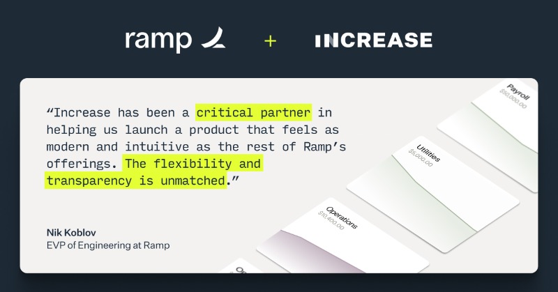 IncreaseDev's tweet photo. We’re thrilled to power the latest product from @tryramp: Ramp Treasury!

From seamless account creation to lightening fast money movement, we're proud to power the infrastructure behind Ramp's unified cash management experience. Read more at https://t.co/o8CNfeyXPL